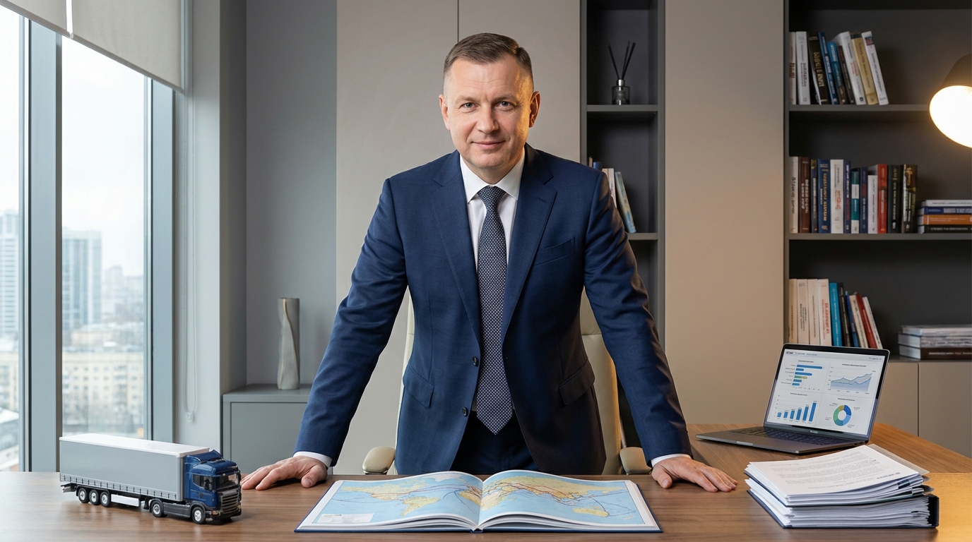 Дмитрий Соколов — деловой портрет эксперта в кабинете с элементами логистической тематики