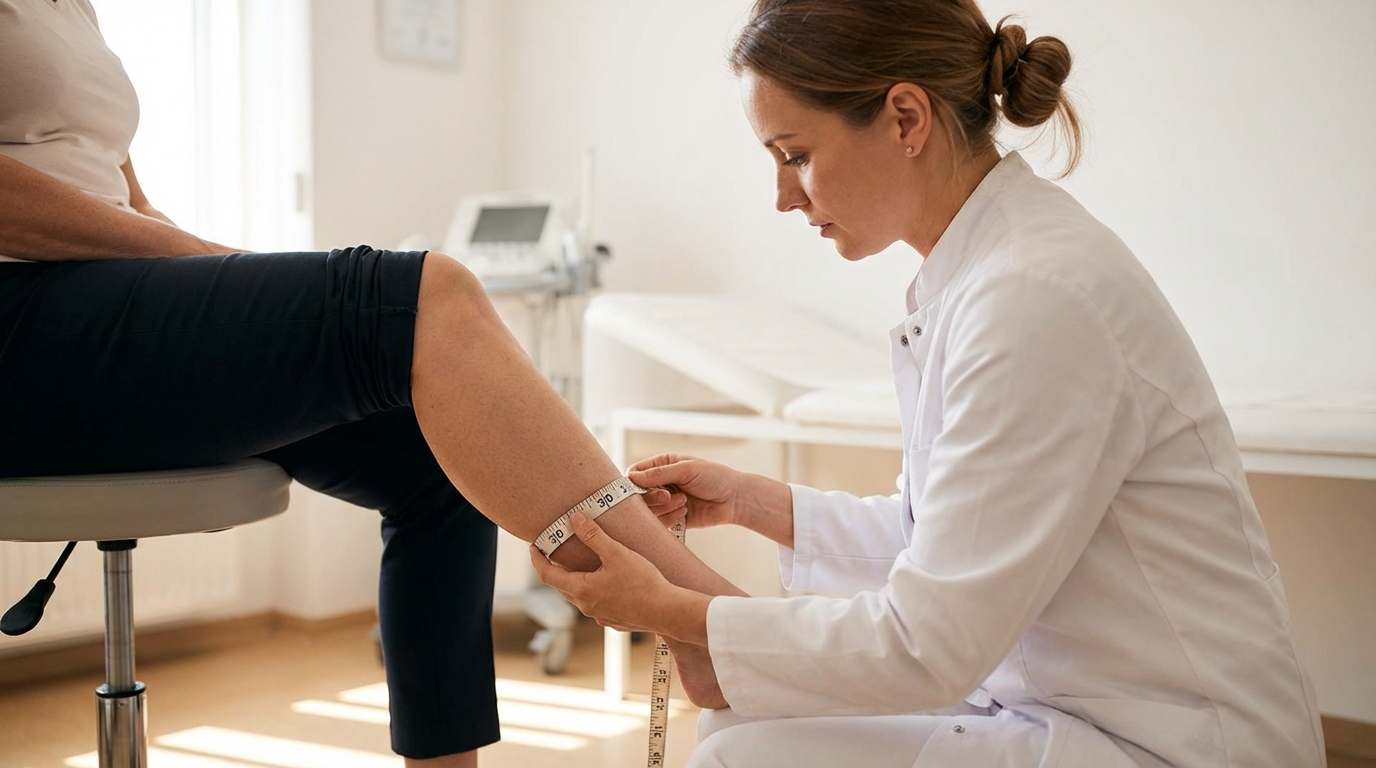 Измерение ног сантиметровой лентой для подбора компрессионных чулок
