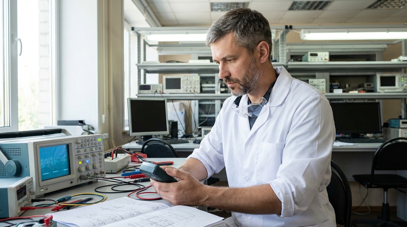 Дмитрий Козлов — портрет инженера-электрика средних лет в лабораторной обстановке с инструментами