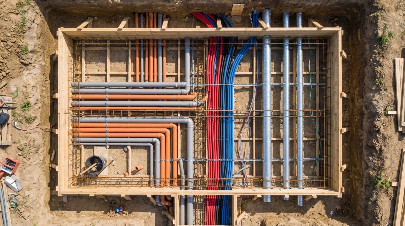 Схема закладки коммуникаций для автоматизации загородного дома на этапе фундамента