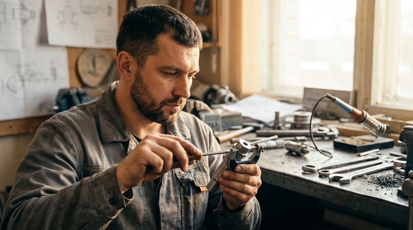 Дмитрий Воронин — портрет автора статьи, фото инженера в мастерской с инструментами