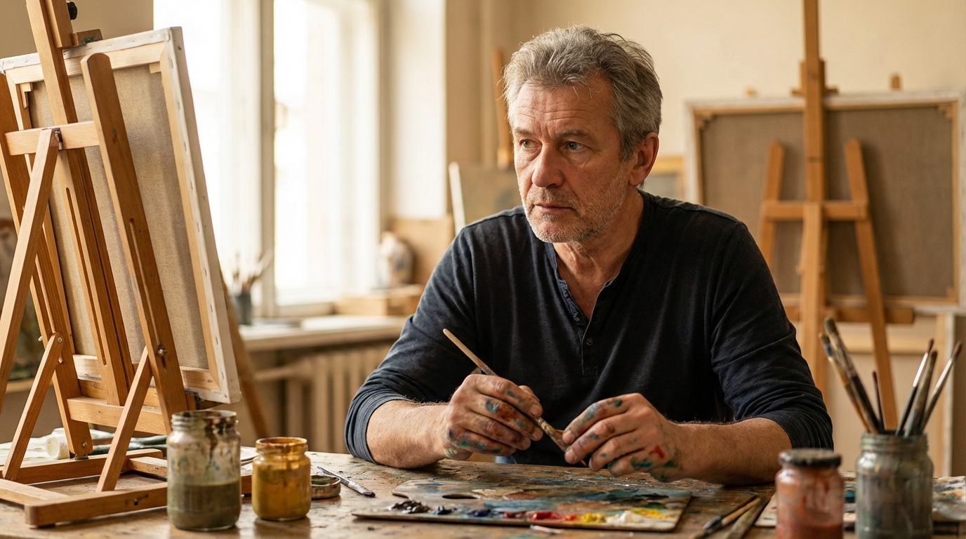 Сергей Козлов — портрет автора в мастерской с инструментами