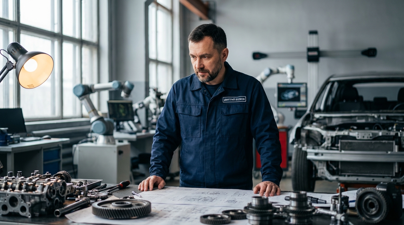 Дмитрий Волков — портрет инженера в лабораторной обстановке с элементами автотехники
