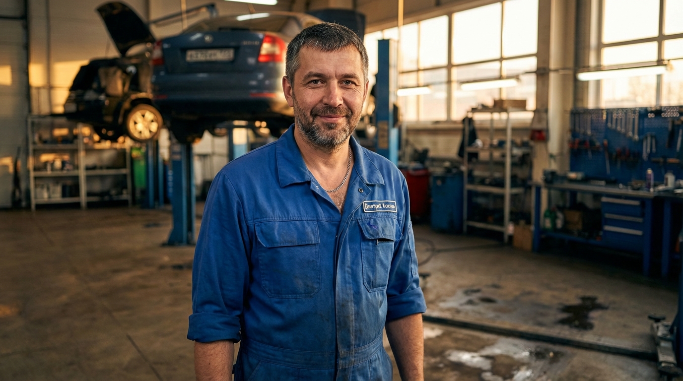 Дмитрий Козлов — портрет автора в профессиональной одежде на фоне автосервиса