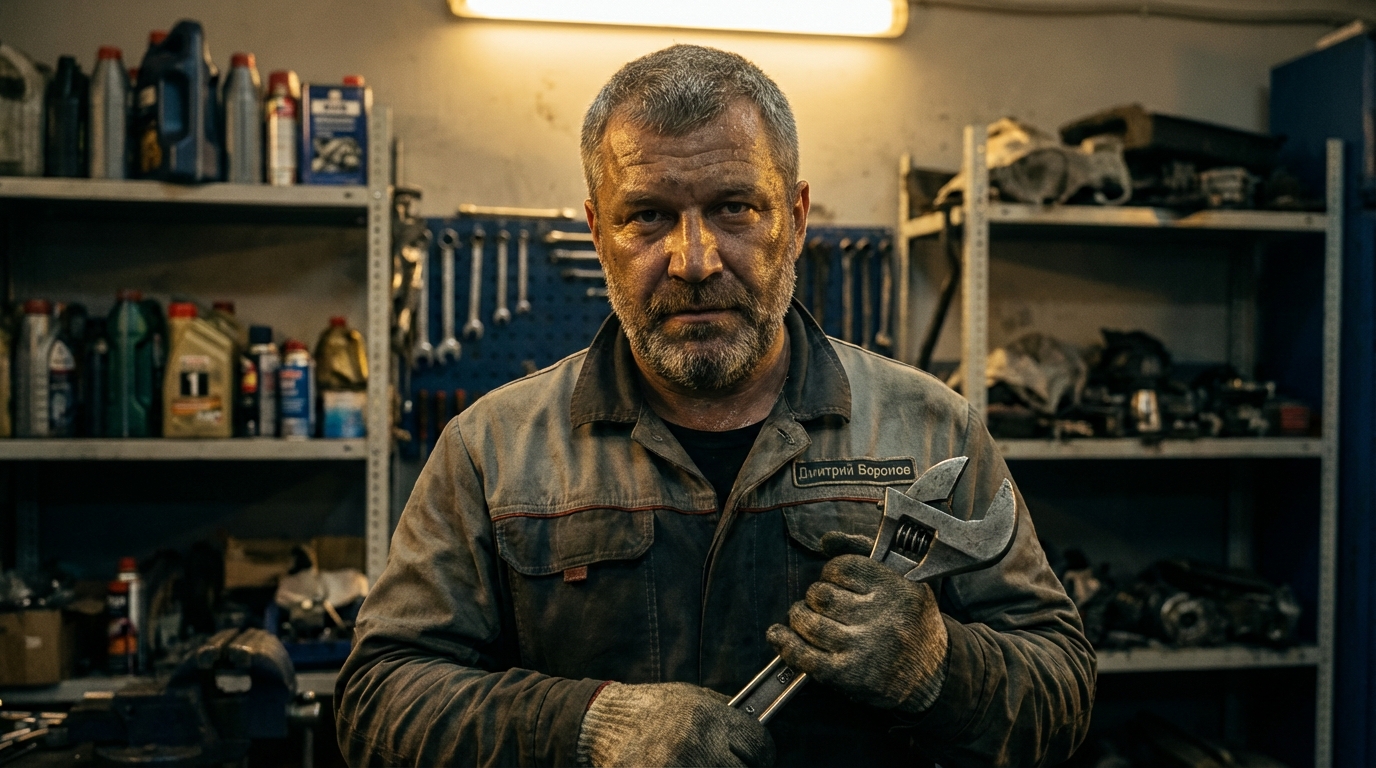 Дмитрий Воронов — портрет опытного механика в гараже с инструментами, средний возраст, сосредленный взгляд