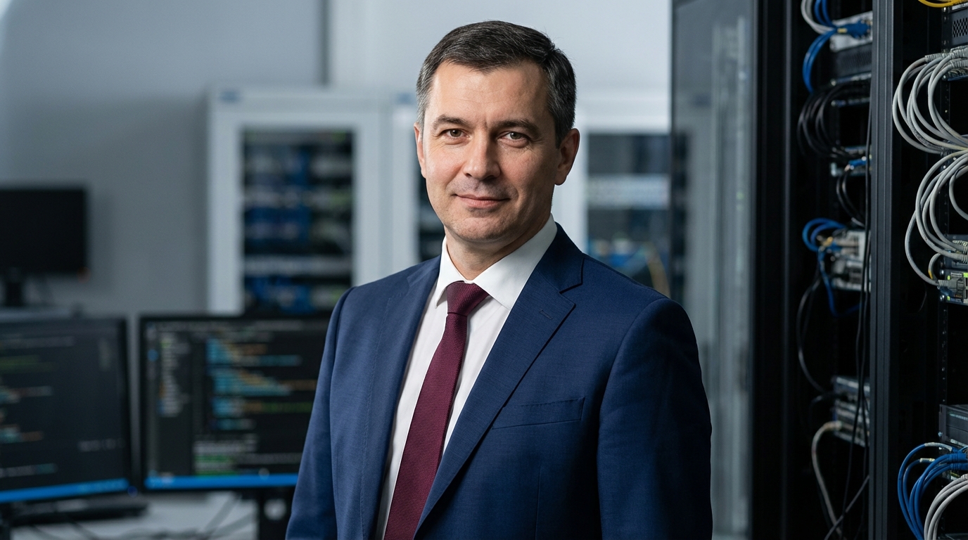 Дмитрий Воронин — портрет автора в деловом костюме на фоне технического оборудования