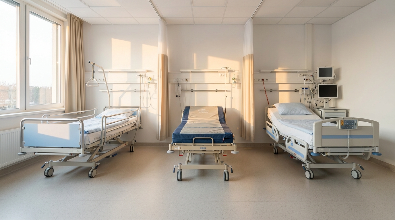 Различные типы медицинских кроватей в интерьере комнаты