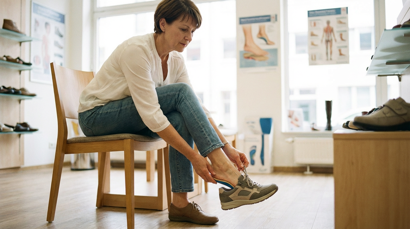 Женщина примеряет ортопедическую обувь в магазине