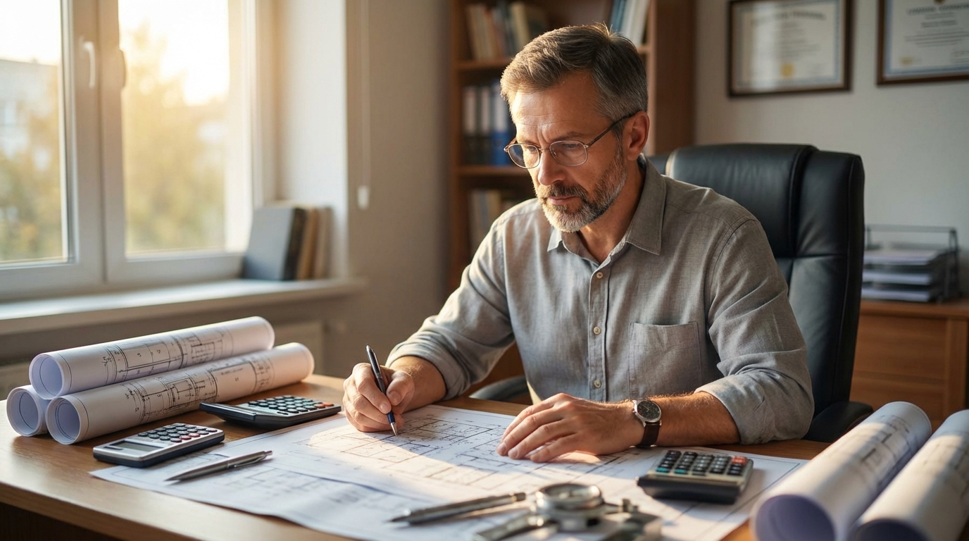 Виктор Лебедев — портрет инженера в рабочем кабинете с чертежами бассейнов