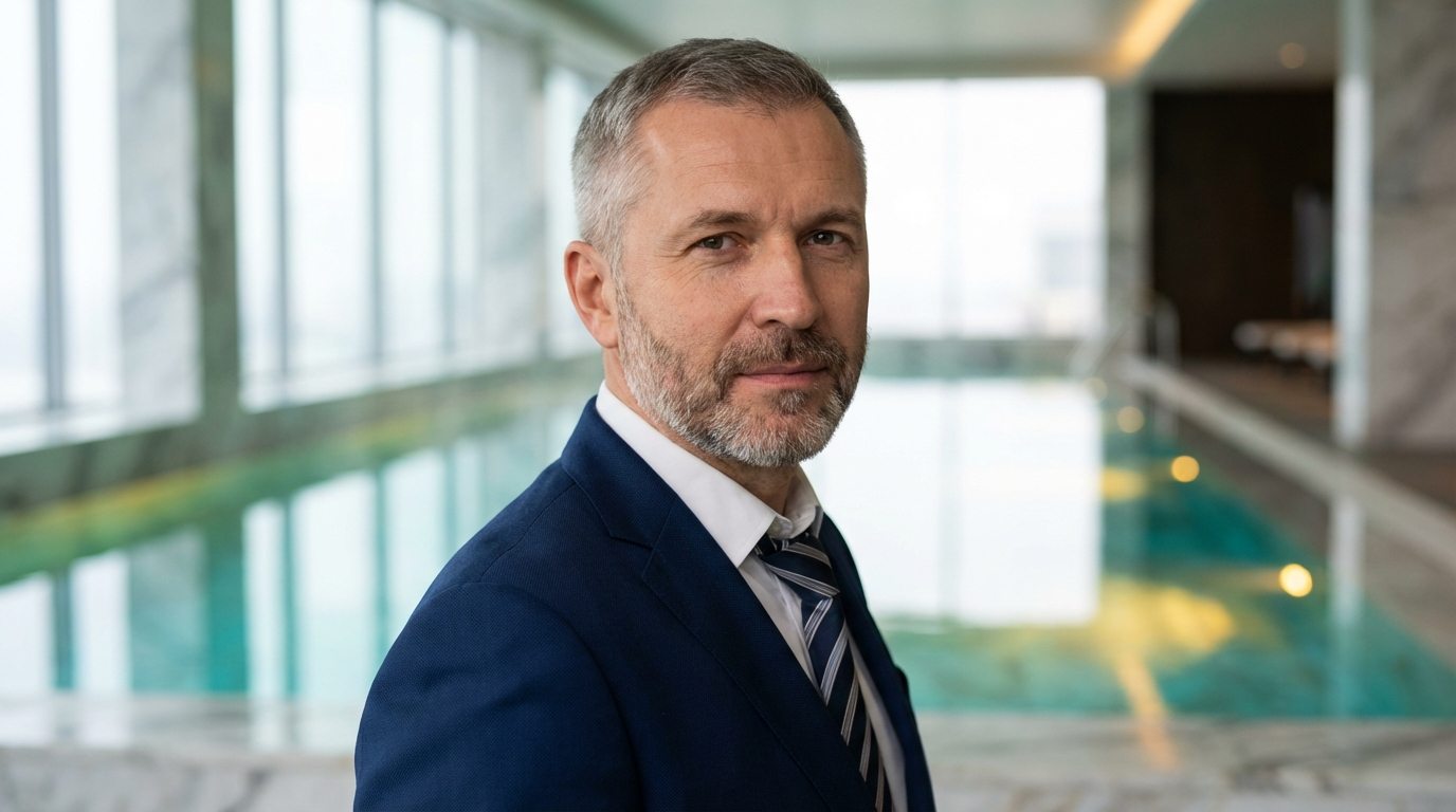 Сергей Волков — портрет автора в деловом стиле с фоном бассейна