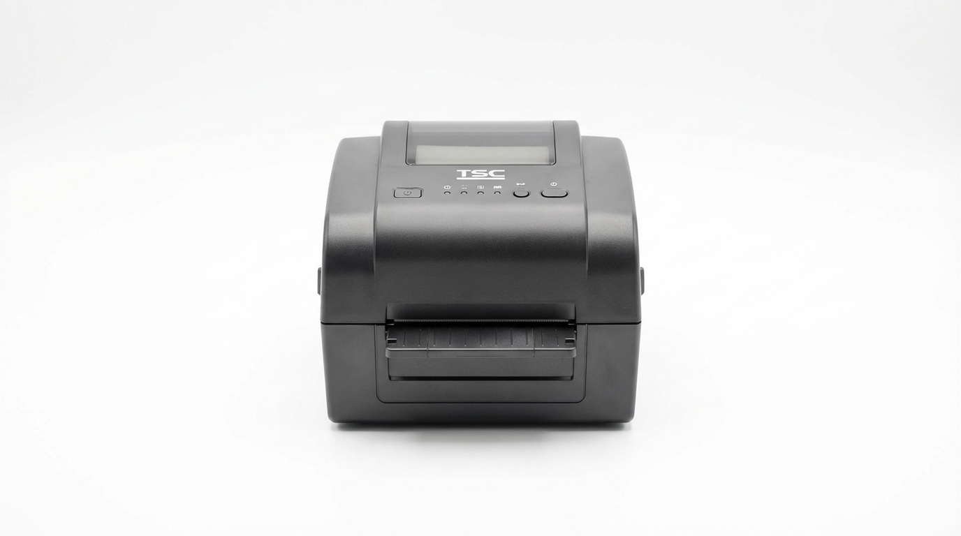 Фронтальный вид принтера TSC TE210 на белом фоне