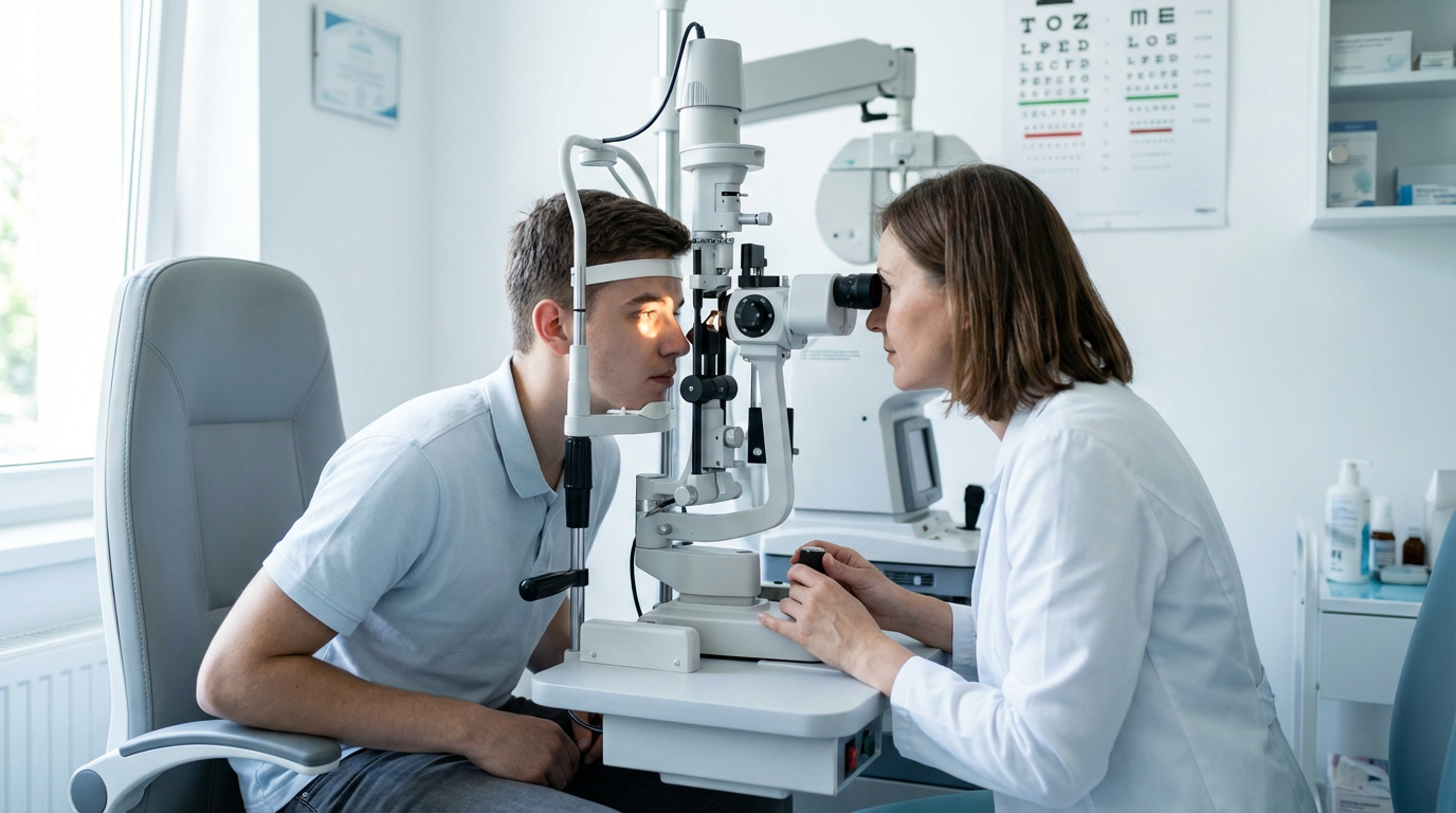 Пациент проходит осмотр роговицы на второй неделе после PRK