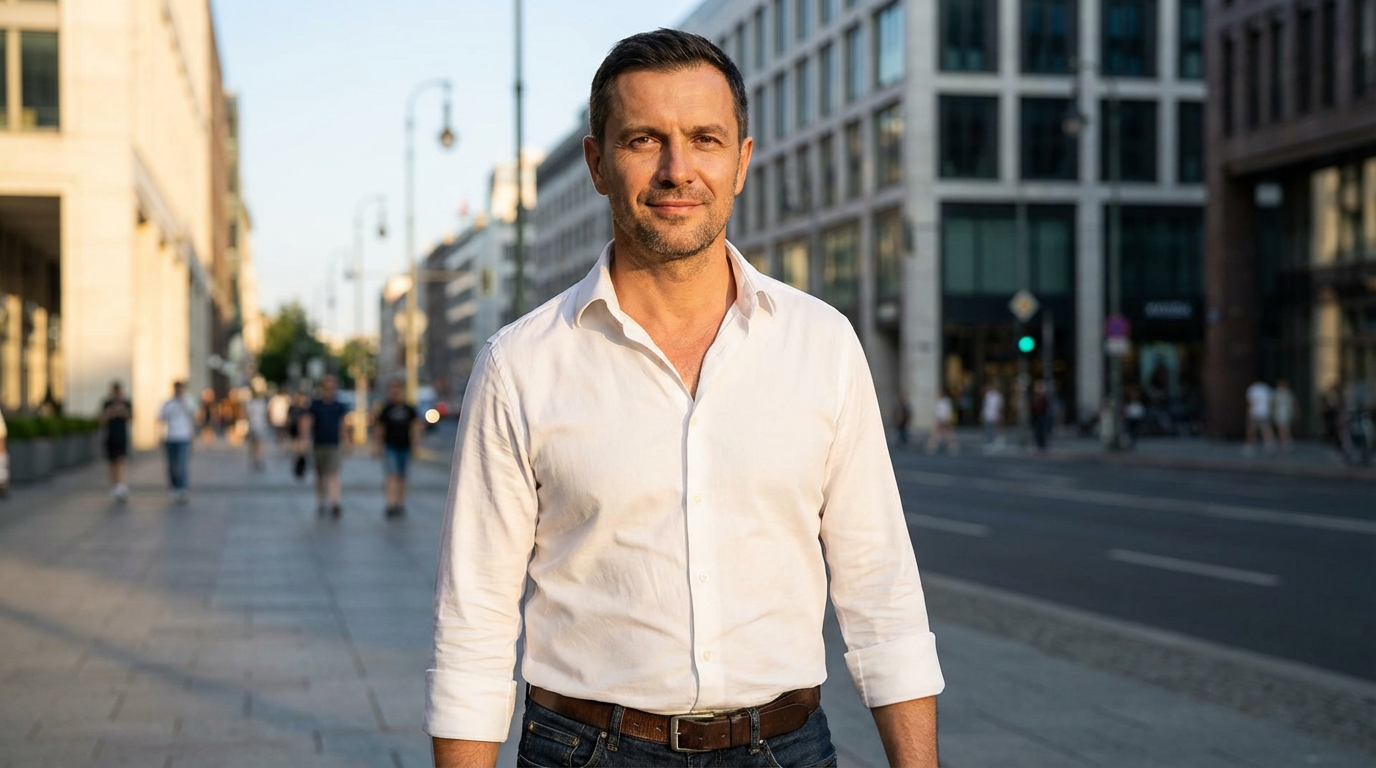 Дмитрий Соколов — портрет автора статьи, мужчина средних лет в casual-стиле на фоне городской улицы