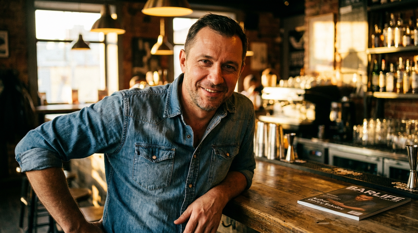 Дмитрий Соколов — портрет автора статьи, мужчина около 40 лет в динамичной позе у стойки бара с улыбкой