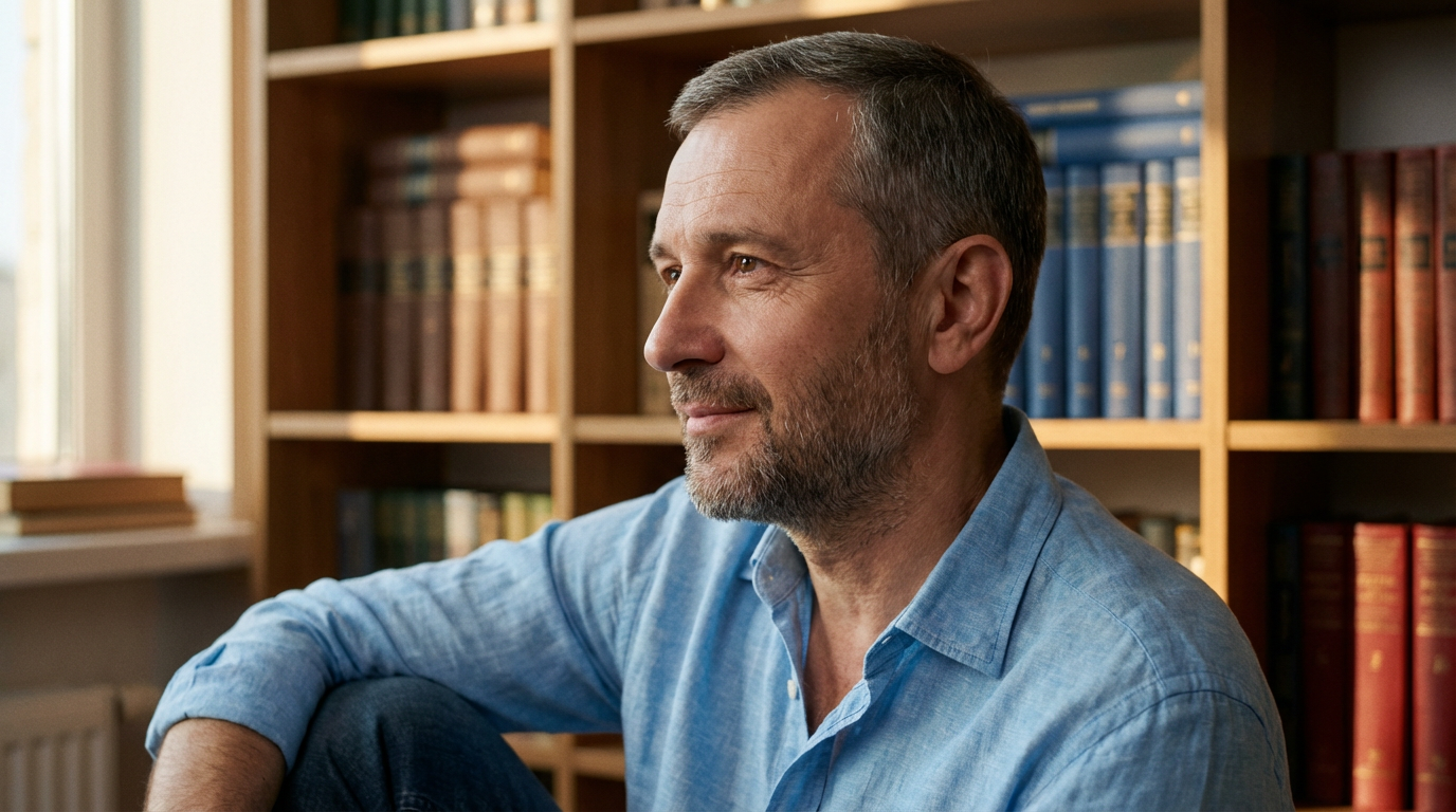 Дмитрий Соколов — портрет автора в профиль, средний возраст, в casual одежде на фоне книжных полок