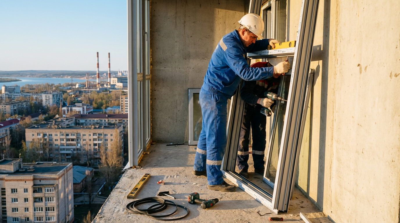 Монтаж алюминиевой рамы на балконе в Нижнекамске