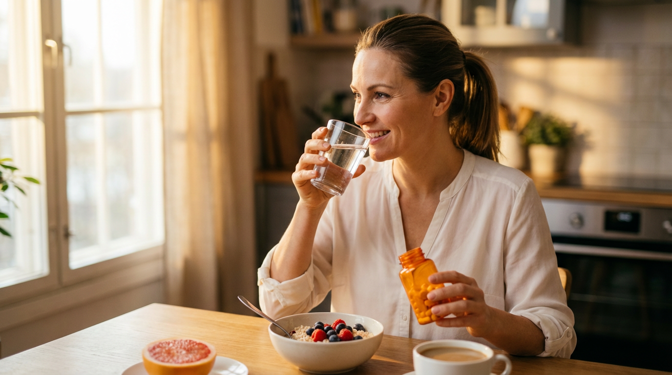 Человек принимает витамины за завтраком