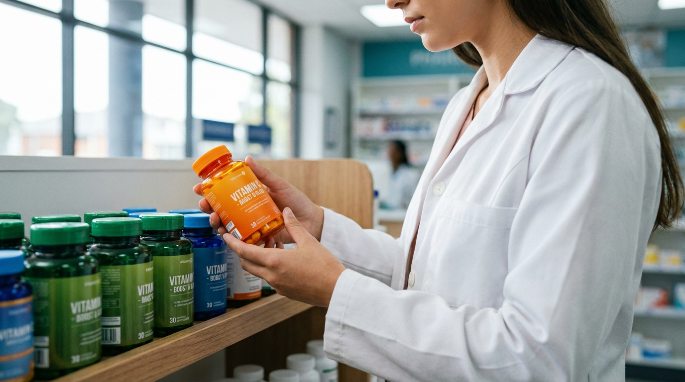 Процесс выбора витаминного комплекса в аптеке