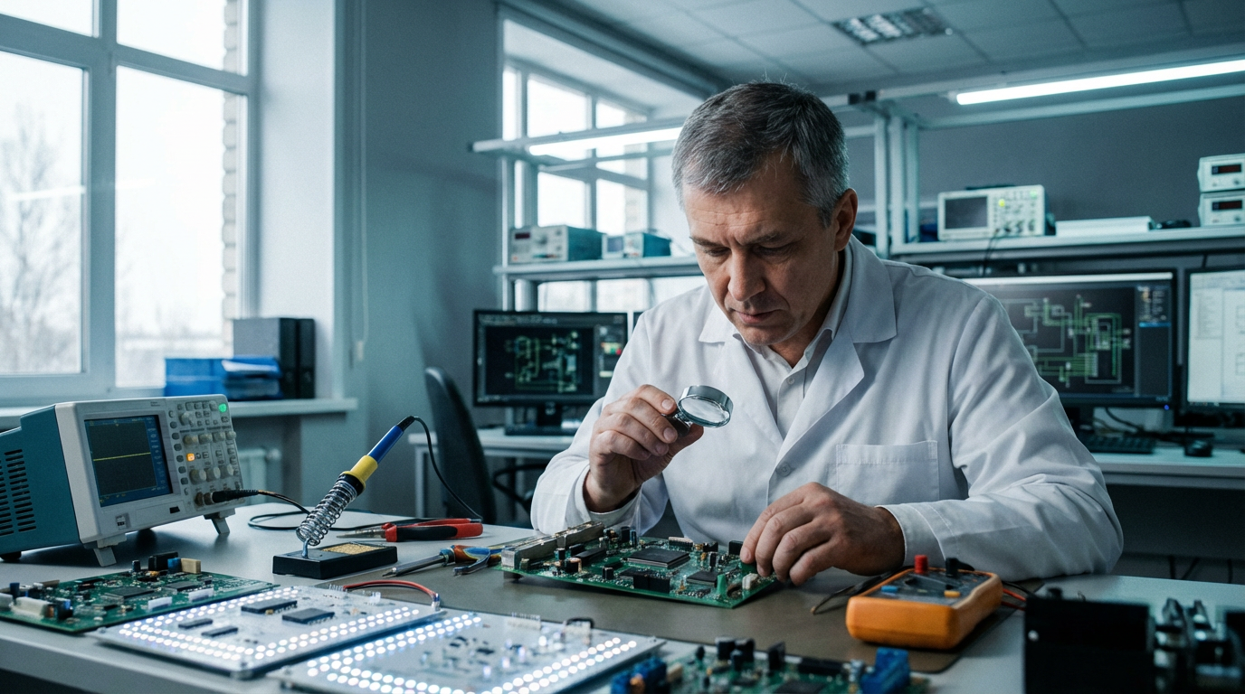Сергей Козлов — фото инженера в лабораторной обстановке с электронными платами