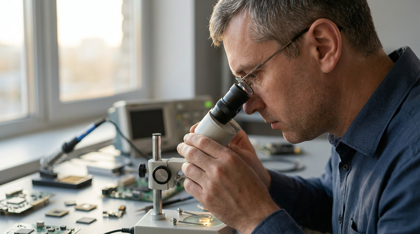 Дмитрий Александрович Кузьмин — портрет инженера в лабораторной обстановке с электронными компонентами