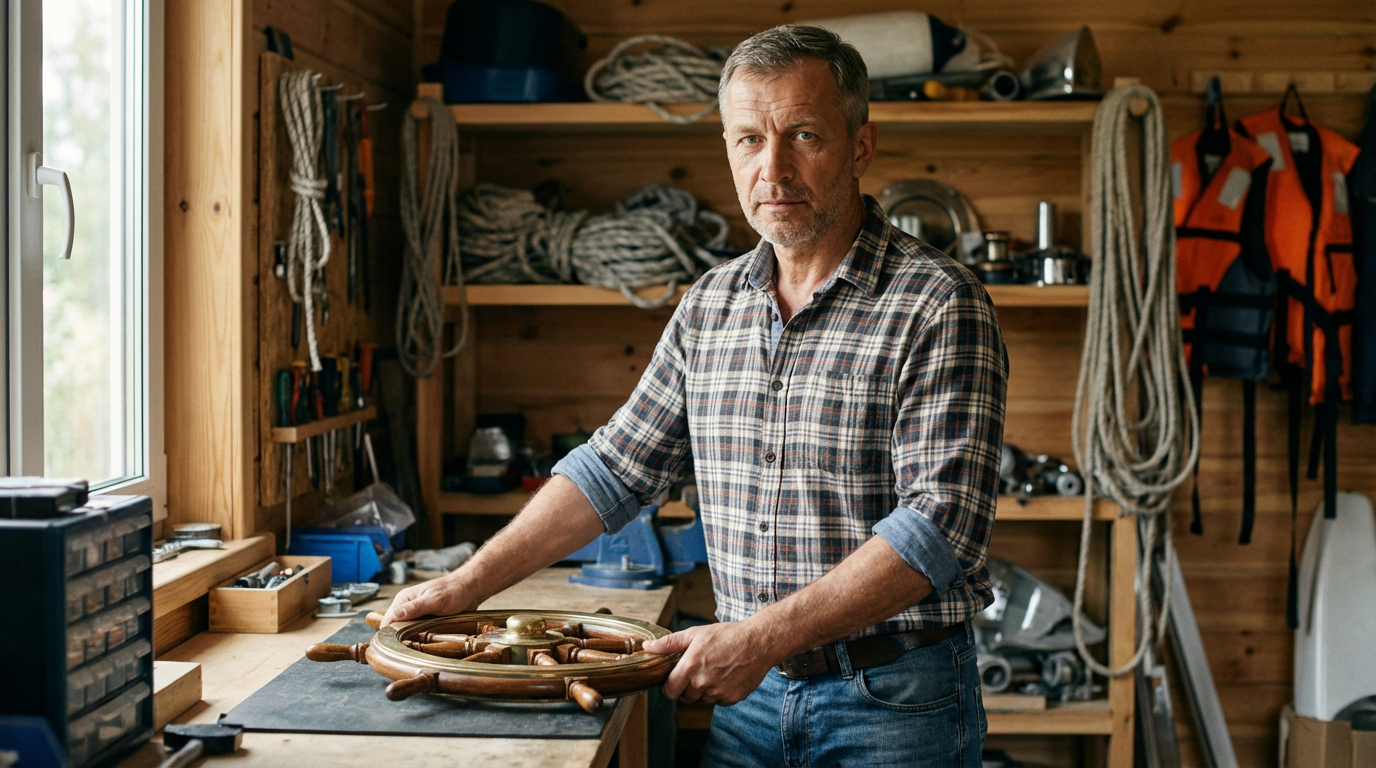 Дмитрий Воронин — портрет специалиста в мастерской с элементами лодочного оборудования