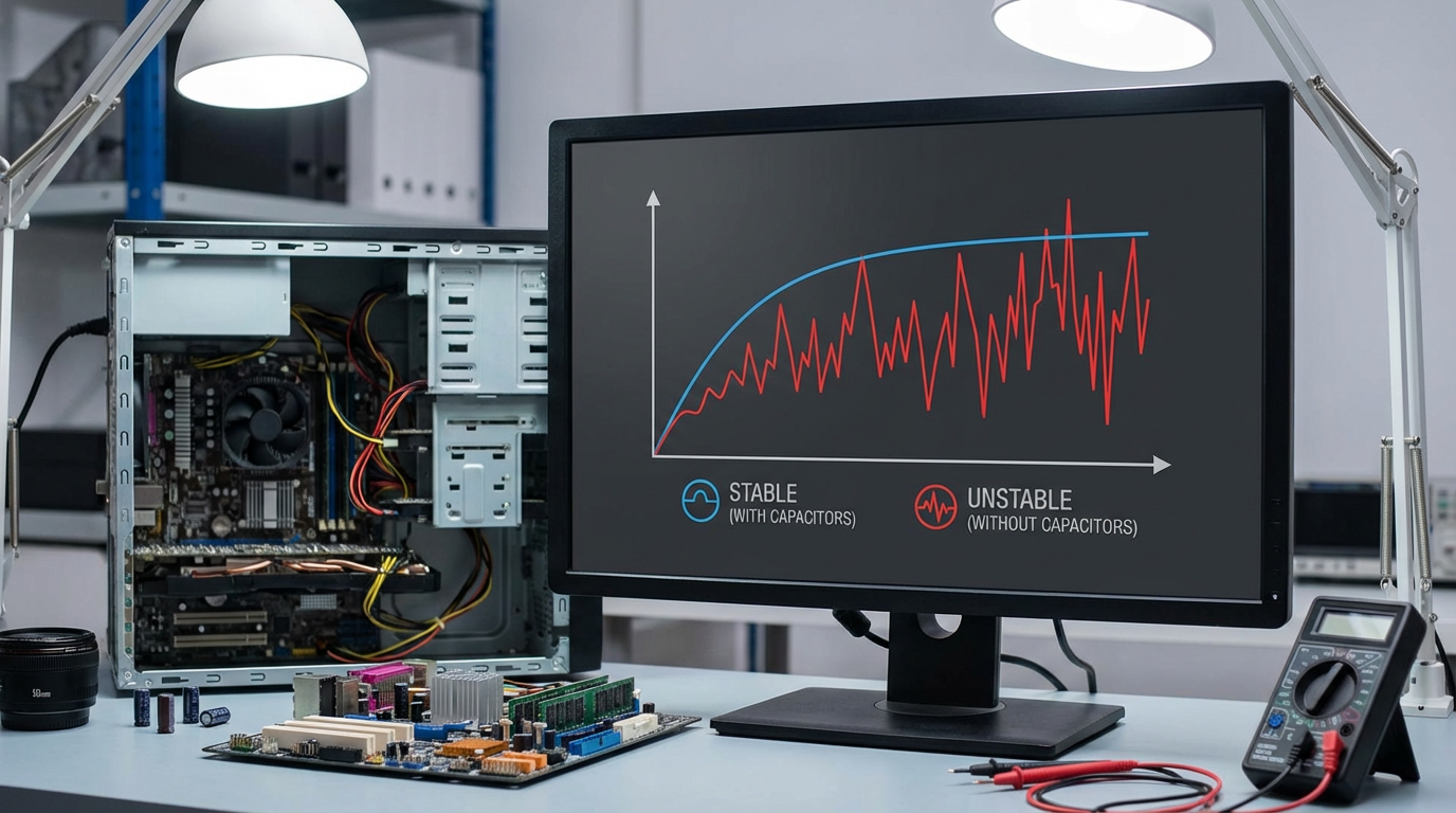 График стабильности FPS с и без конденсаторов