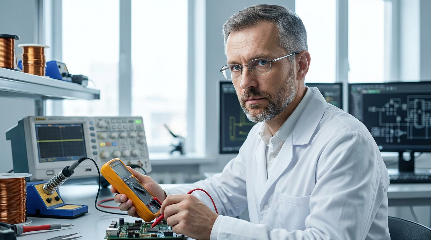 Сергей Воронин — портрет инженера-электроника в лабораторной обстановке с инструментами