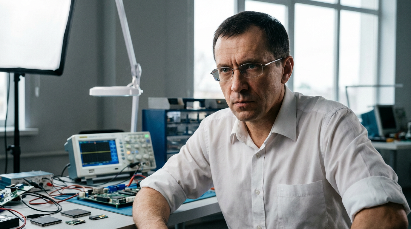 Дмитрий Козлов — портрет инженера в лабораторной обстановке с элементами электроники