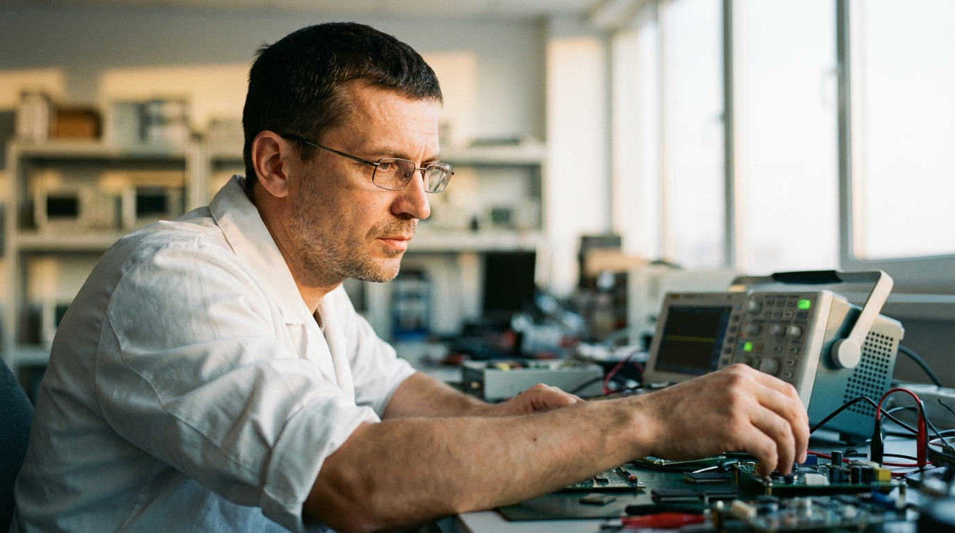Сергей Козлов — портрет инженера в лаборатории с электронными компонентами