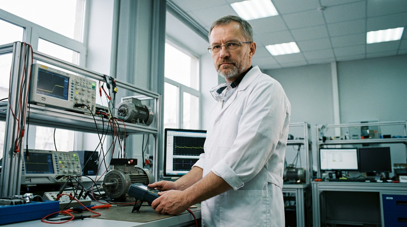 Сергей Козлов — портрет автора в инженерной лаборатории с оборудованием для тестирования электроприводов