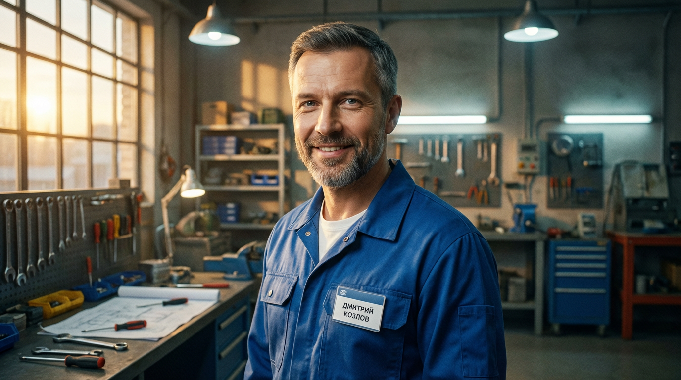 Дмитрий Козлов — портрет автора статьи, мужчина средних лет в инженерной униформе на фоне мастерской с инструментами