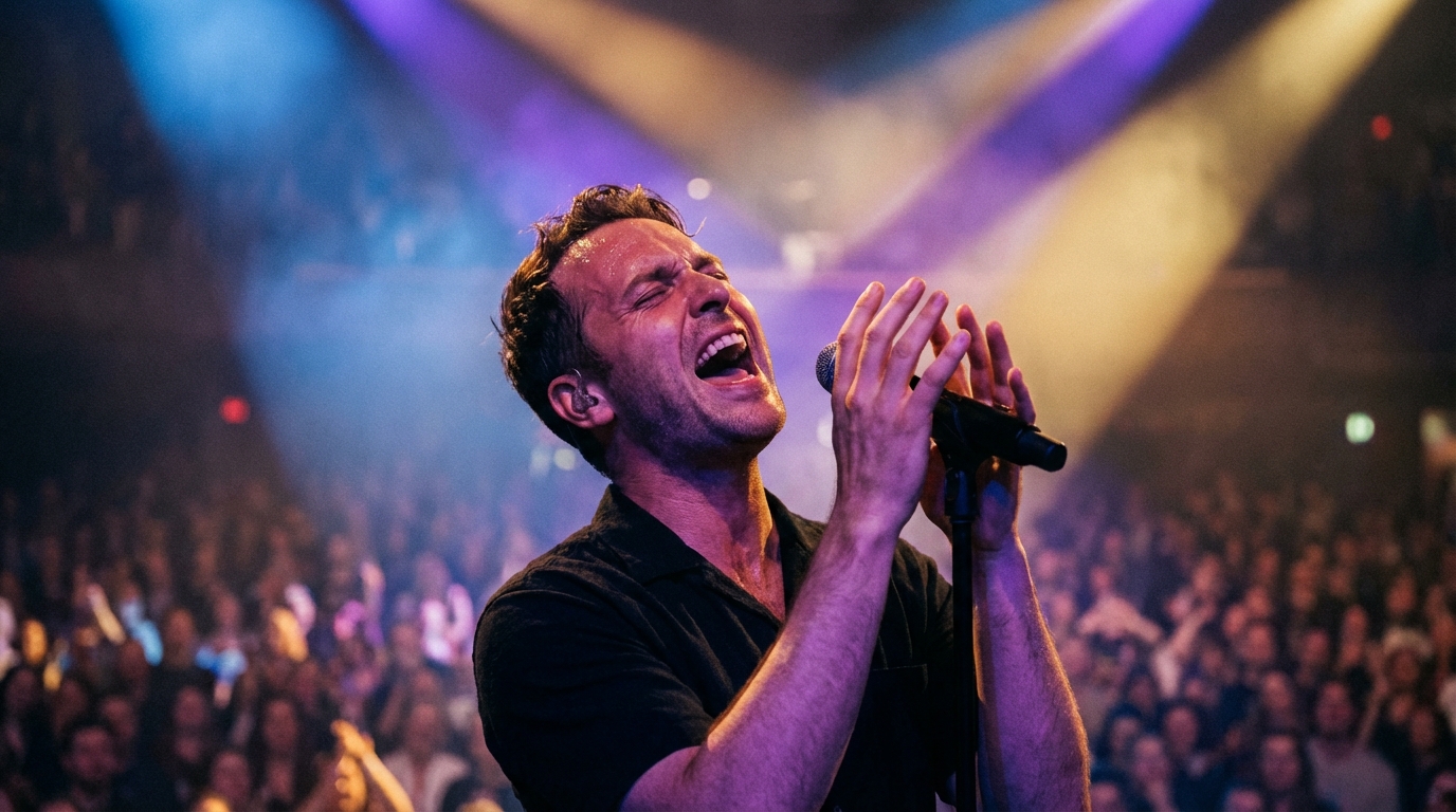 Певец исполняет мелизмы на сцене