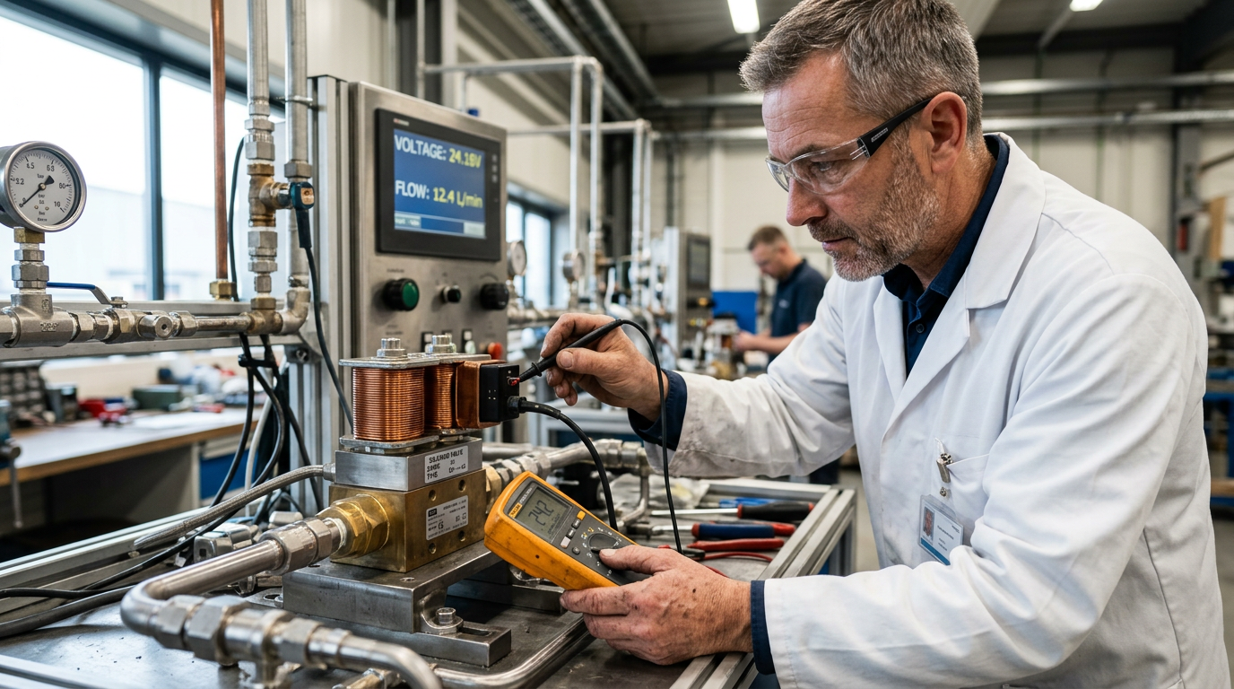 Инженер проверяет соленоидный клапан на тестовом стенде