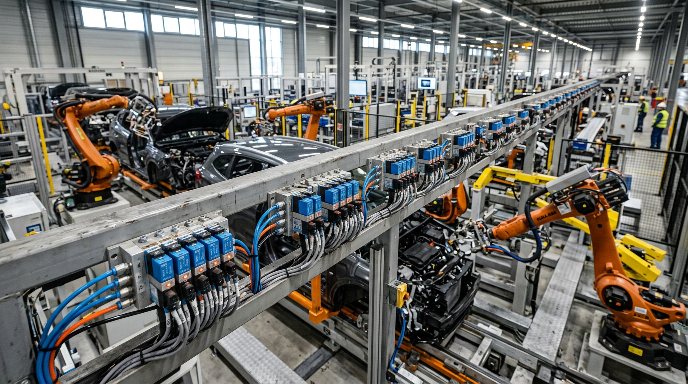 Конвейер на автозаводе с пневмораспределителями 24V DC