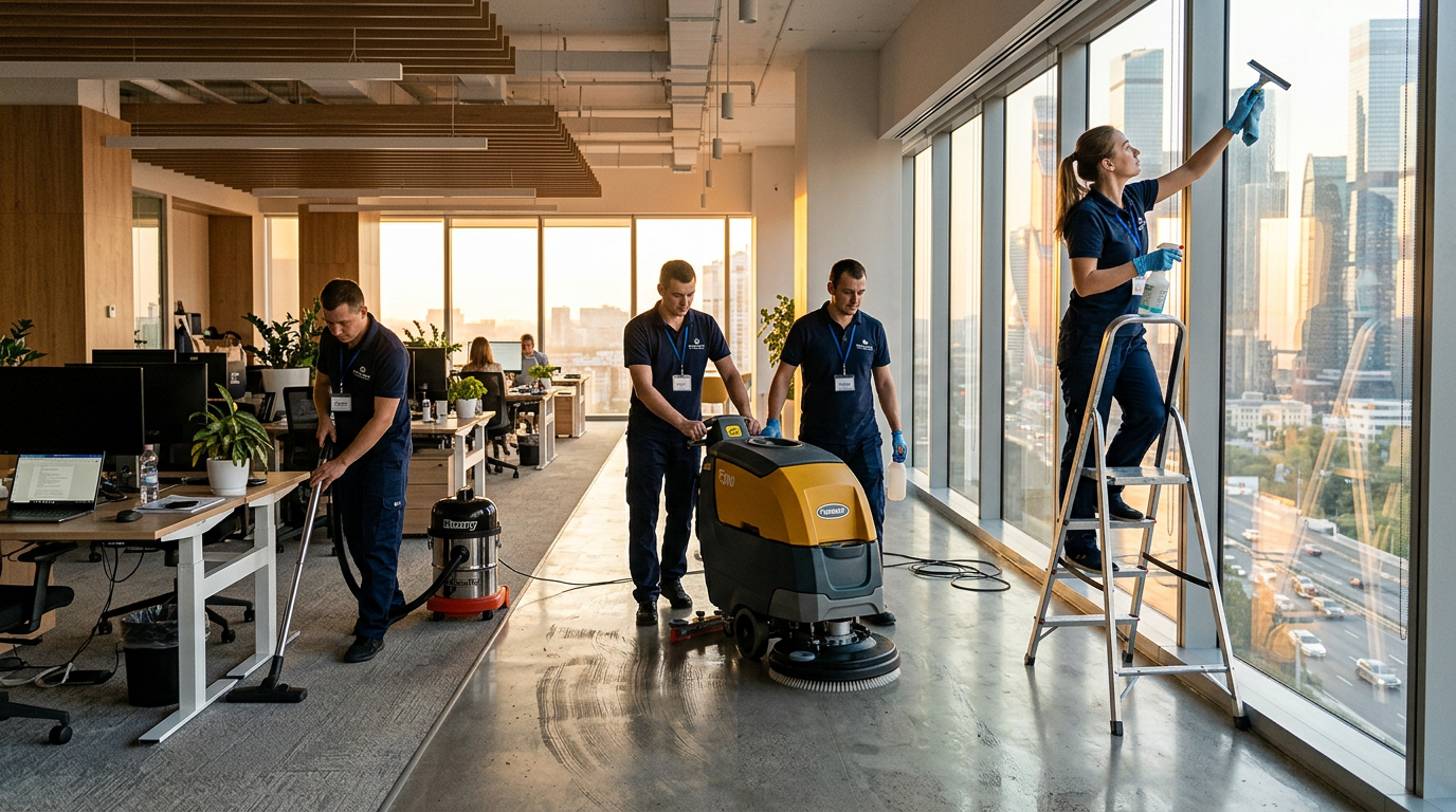 Команда клинеров проводит уборку офисного помещения с профессиональным оборудованием