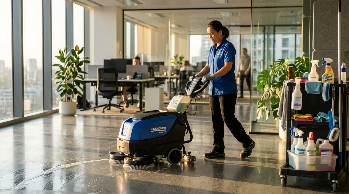Профессиональная уборка офиса с использованием автоскруббера и дезинфицирующих средств