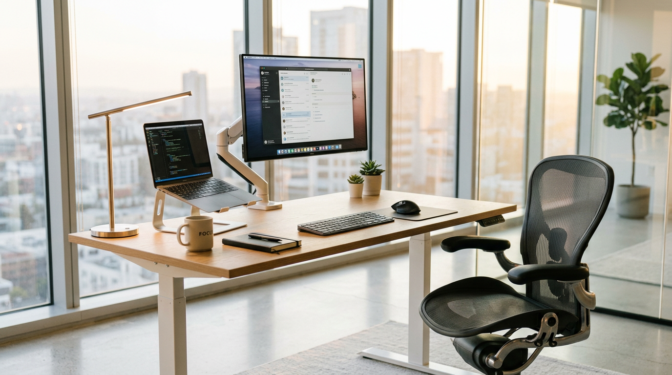 Эргономичное рабочее место в современном офисе с регулируемым столом