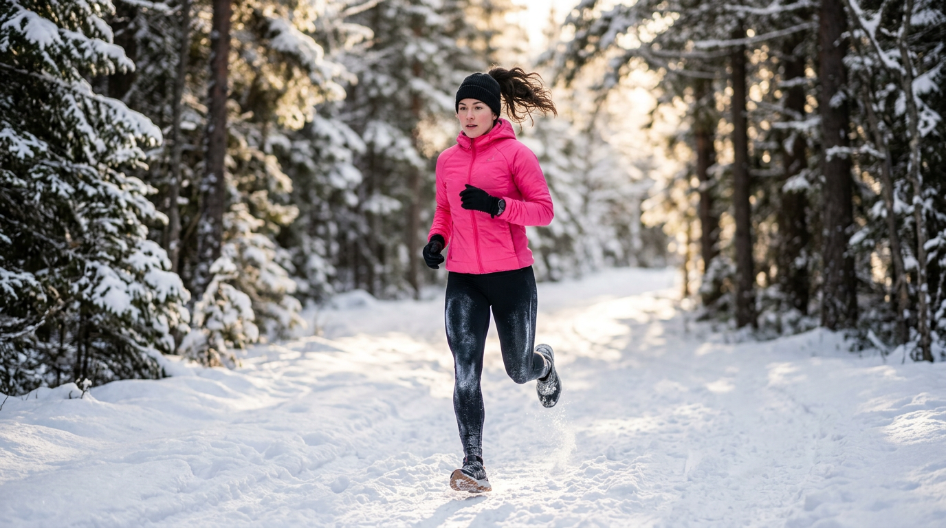 Девушка в термолегинсах во время зимней пробежки