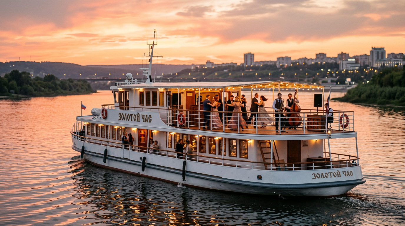 Теплоход с живой музыкой во время вечерней прогулки