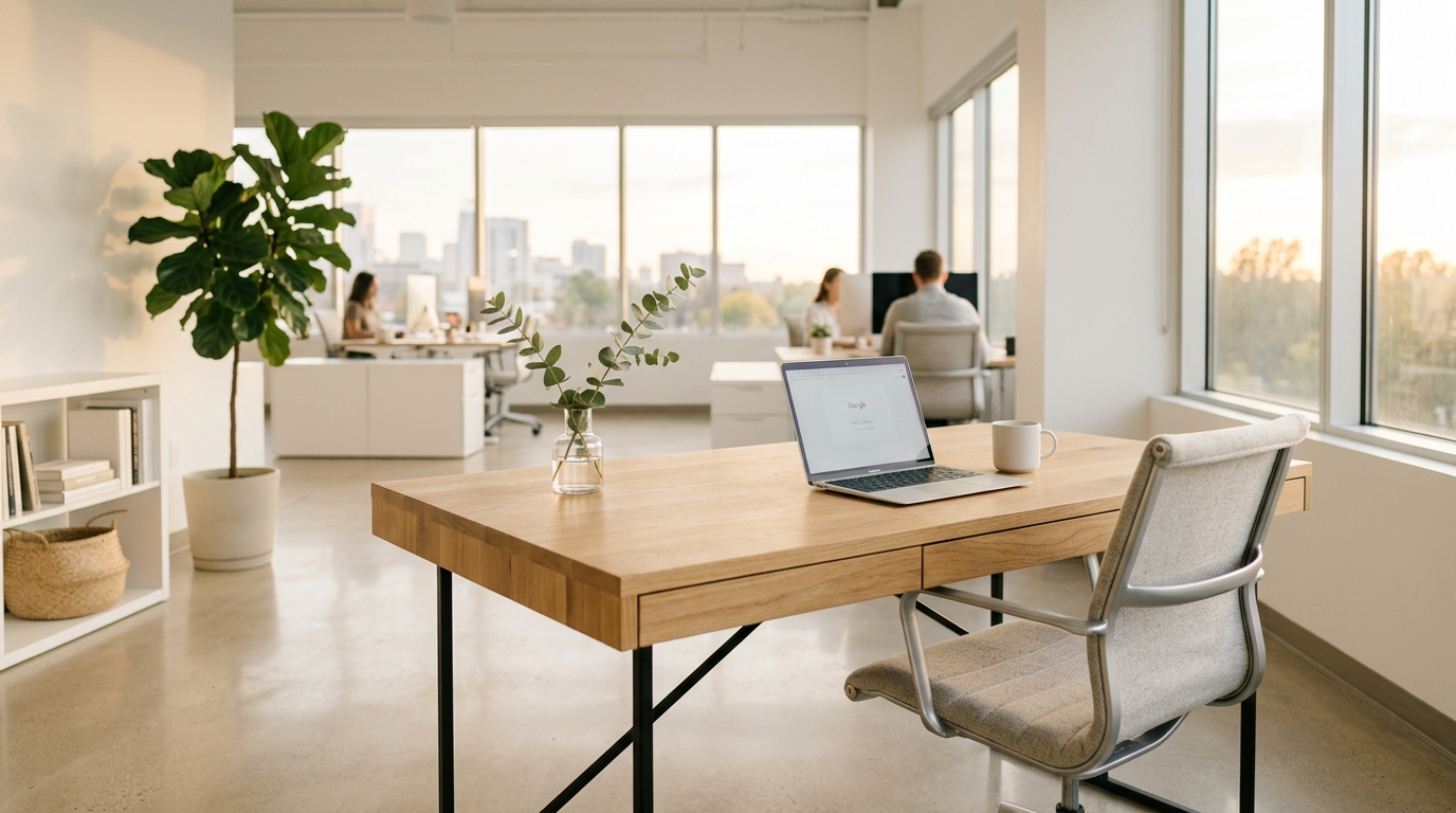 Современный минималистичный офис с новой стильной мебелью в светлых тонах