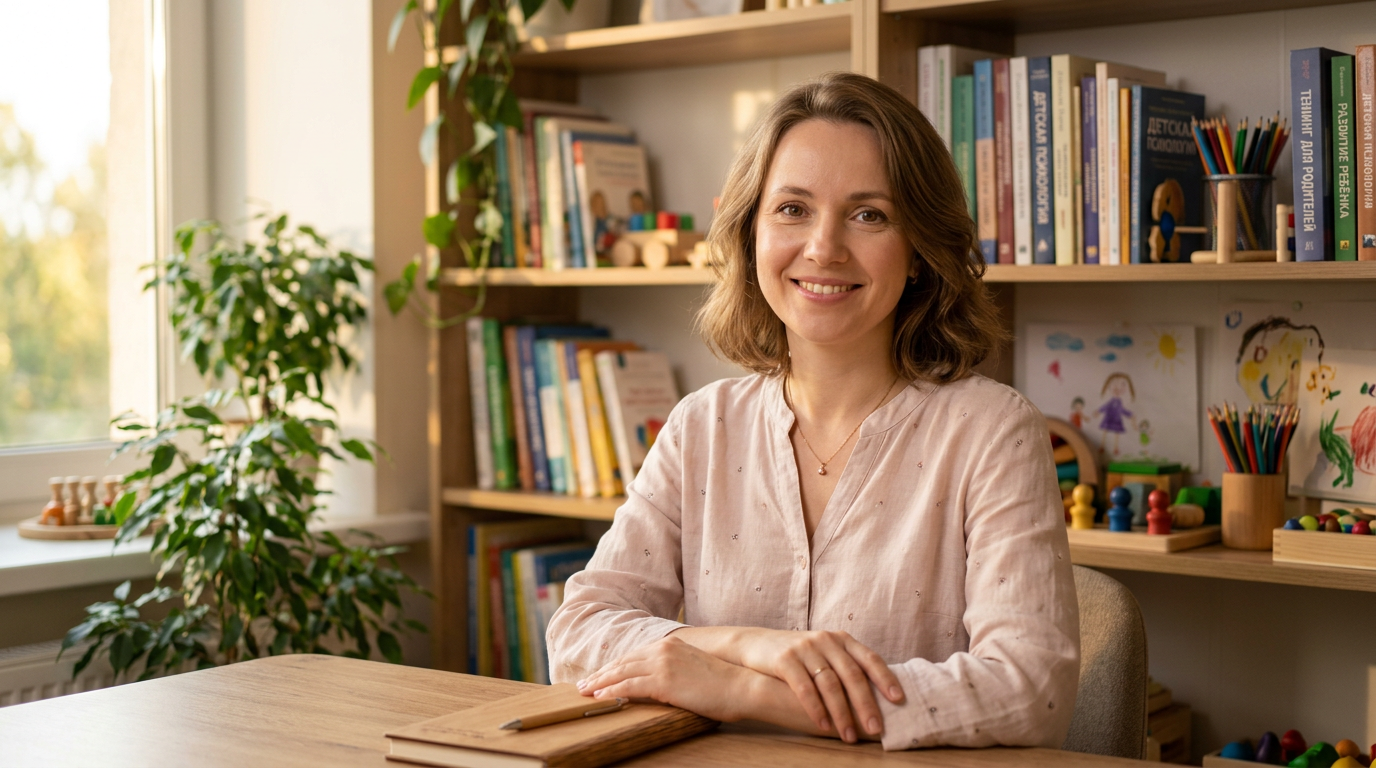 Елена Соколова — портрет педиатрического психолога в студии с книгами, мягкий свет, улыбка