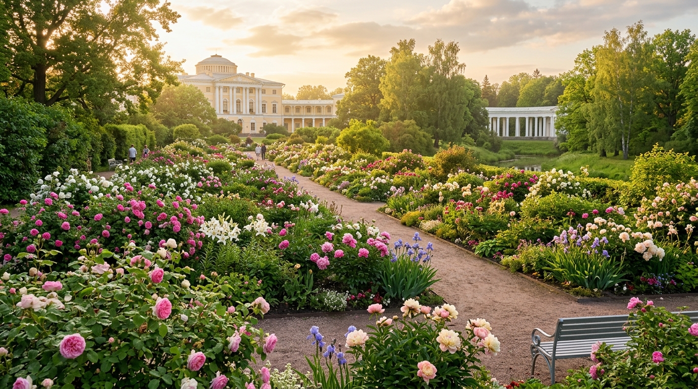 Цветущий сад в Павловском парке Санкт-Петербурга
