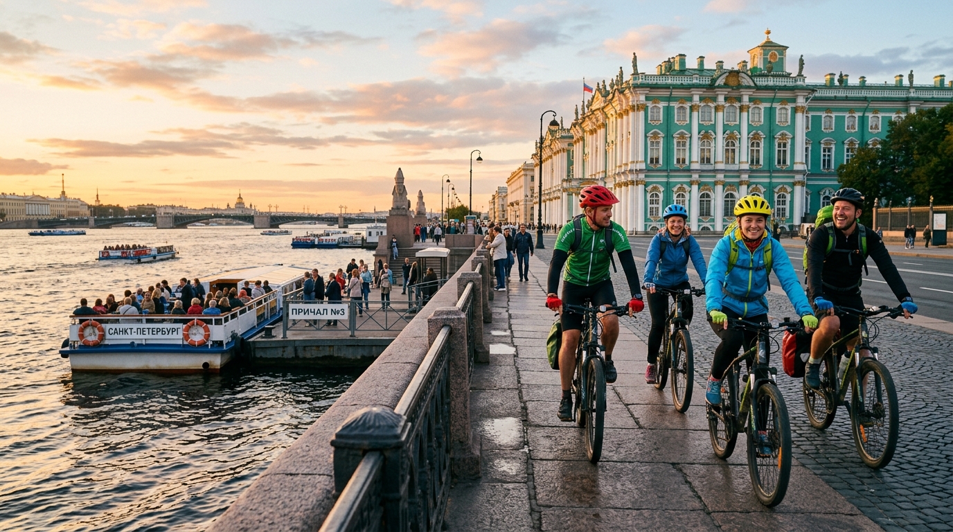 Туристы сочетают велопрогулку и водный тур в Санкт-Петербурге