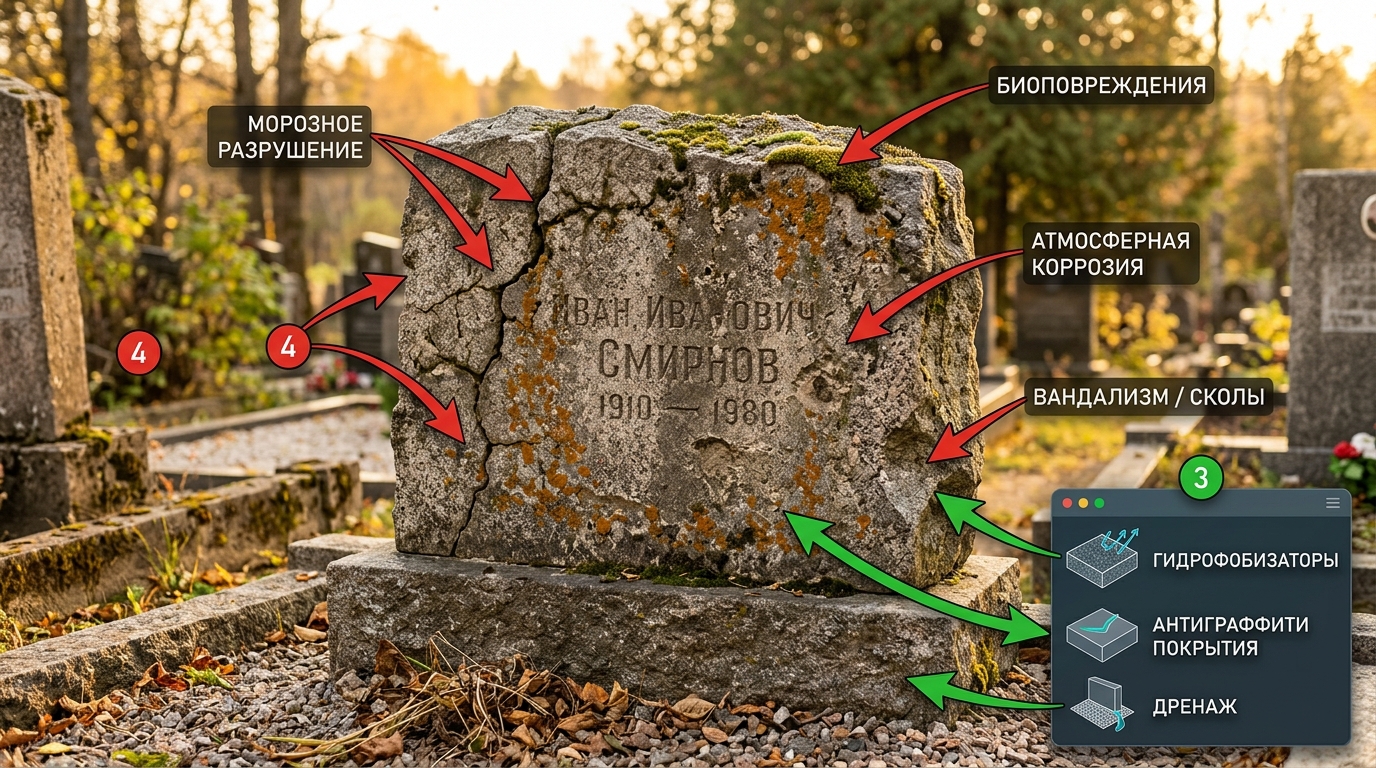 Схема основных угроз для гранитного памятника и мер защиты