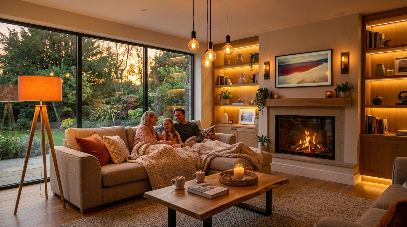 Гостиная с многоуровневым освещением и теплыми цветами для семейного уюта
