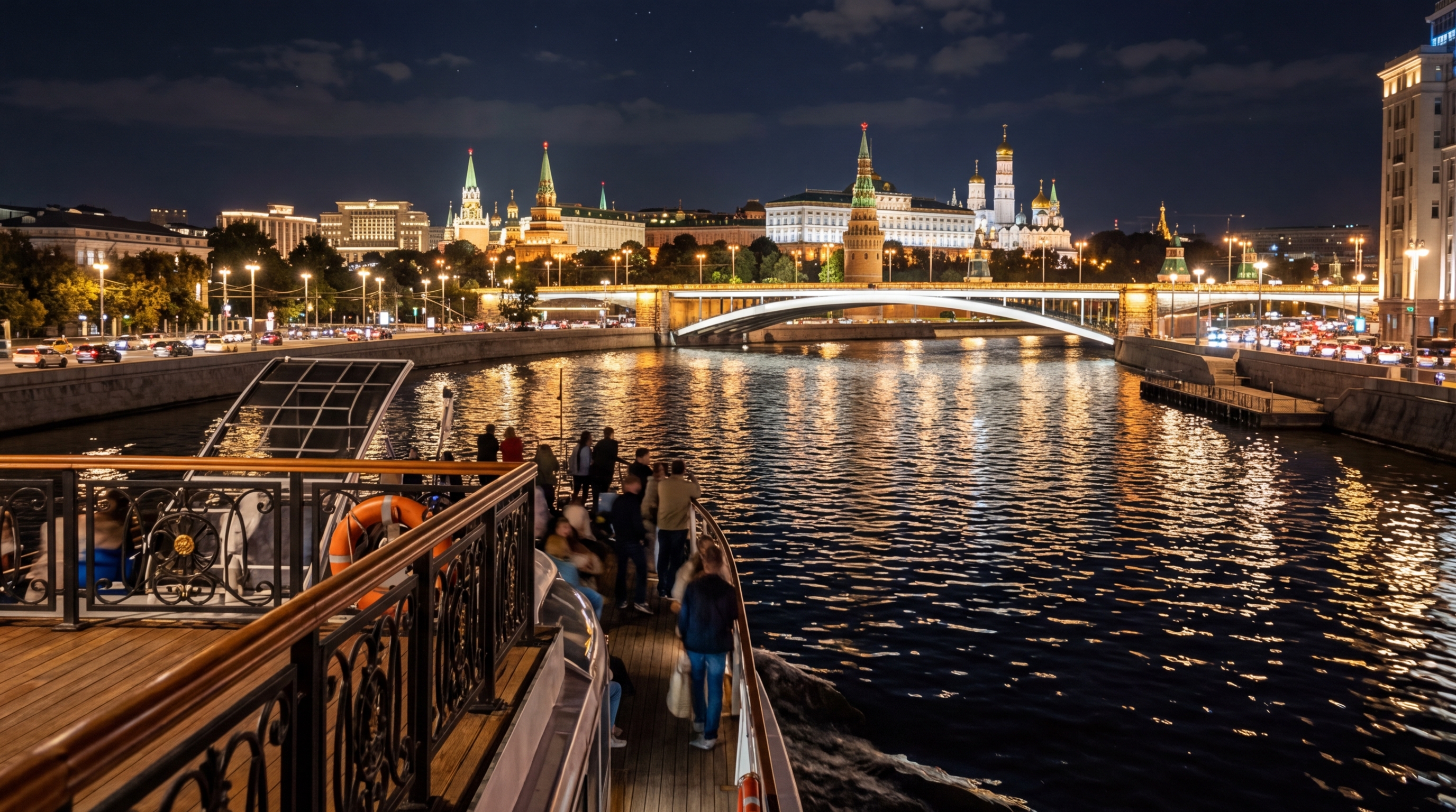 Ночная Москва с палубы теплохода: огни Кремля и мостов отражаются в воде