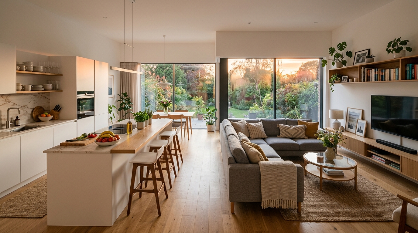 Зонированная гостиная с кухней для семейных ужинов