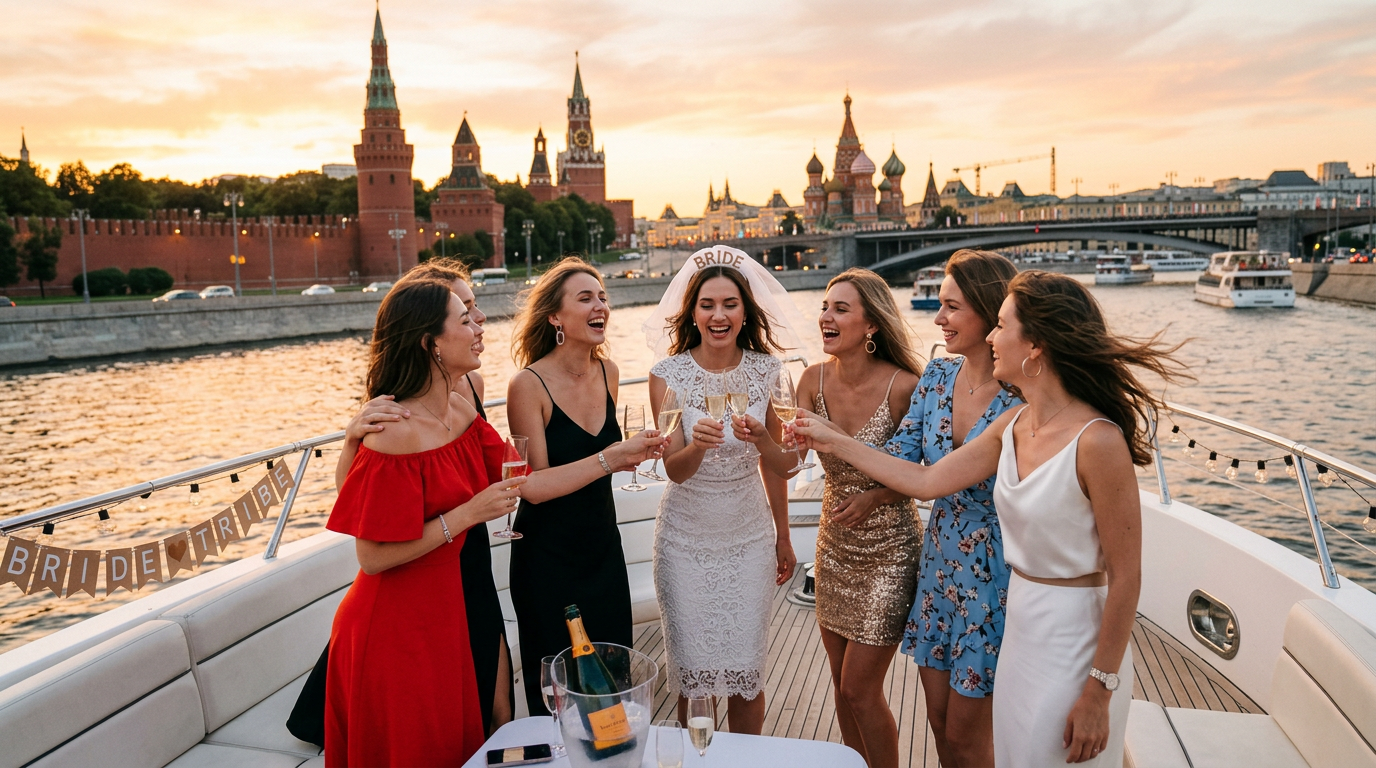 Компания подруг празднует девичник на теплоходе по Москве-реке на закате