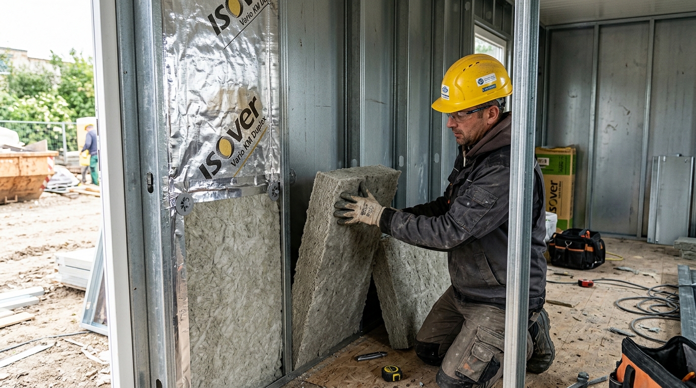 Процесс утепления стен металлической бытовки минеральной ватой для предотвращения конденсата