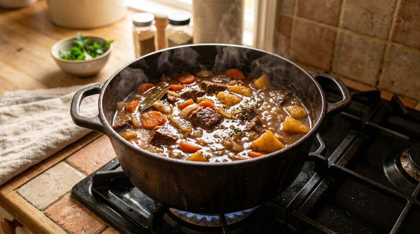 Говядина тушеная с морковью, луком и картофелем в глубокой кастрюле на плите